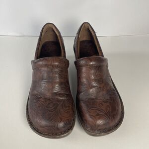 Boc BORN concepts brown leather flower embossed clogs women's 9/40.5